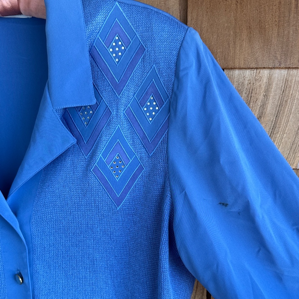 Vintage Blue Button-Up Sweater Jacket with Geometric Embroidery and Skirt - Picture 7 of 11
